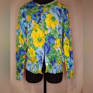 Lands' End Women's Floral Cardigan - Blue, Green, Yellow
